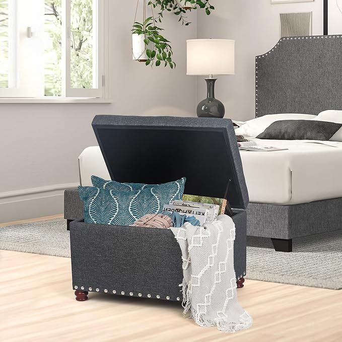 Joveco Storage Ottoman Linen Tufted Bench with Rivet, Rectangular Footrest Stool Coffee Table Seat for Living Room Bedroom, Grey-Ruum Studio Home