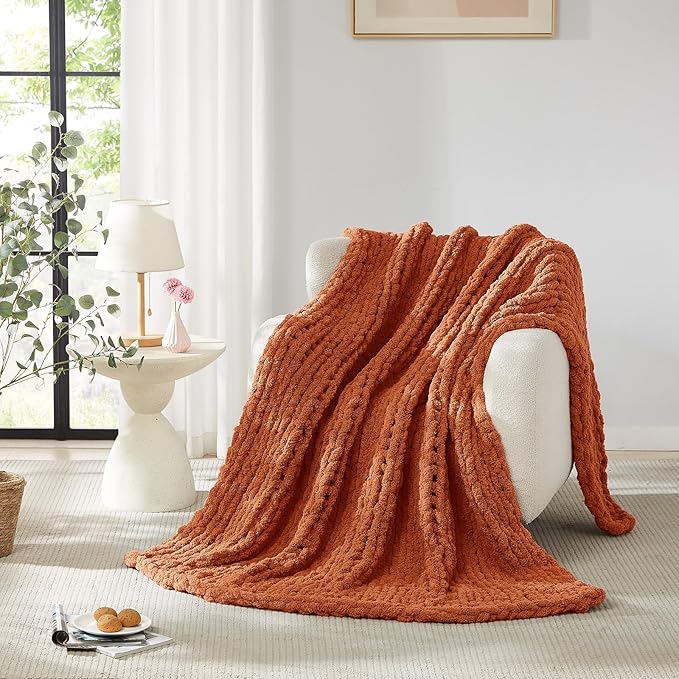 L'AGRATY Chunky Knit Blanket Throw: 72''x84'' Chenille Chunky Knitted Throw Blankets for Bed Couch - Handmade Thick Big Cable Knit Blanket - Large Crochet Rope Blankets for Home Decor(Rusty Orange)-Ruum Studio Home