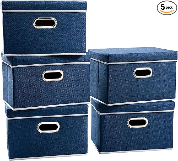 PRANDOM Foldable Storage Bin with Lid [5-Pack] Linen Fabric Decorative Storage Box Organizer Container Basket Cube with Handles Divider for Closet Office Living Room Royal Blue(14.9x9.8x9.8)-Ruum Studio Home