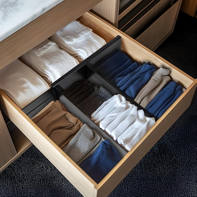 Utoplike Bamboo Dresser Drawer Dividers, 4'' High Adjustable Drawer Organizers for Clothing, Spring Loaded, Works in Kitchen, Bathroom, Bedroom, Drawer, Desk, 4 PCS, Black-Ruum Studio Home