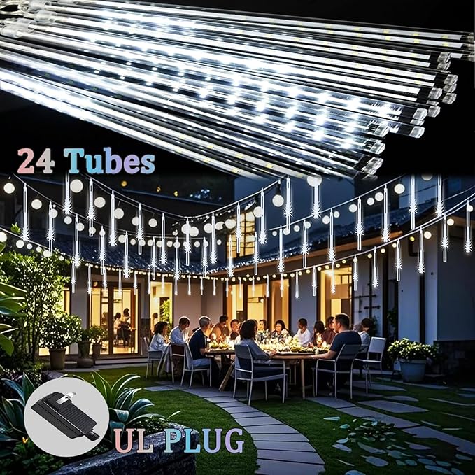 Meteor Shower Lights Christmas Lights Outdoor 24-Tube 576LEDs Snow Falling Rain Cascading Icicle Lights for Xmas Tree Christmas Decorations Wedding Party Holiday Garden Decor, UL Plug White-Ruum Studio Home