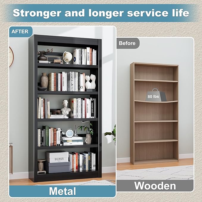 Bookcase, 5-Shelf Industrial Bookshelf, Large Storage Space, Adjustable Bookshelves, Perfect for Living Room, Home Office, Garage, Ideal for Home Office Upgrade-Ruum Studio Home