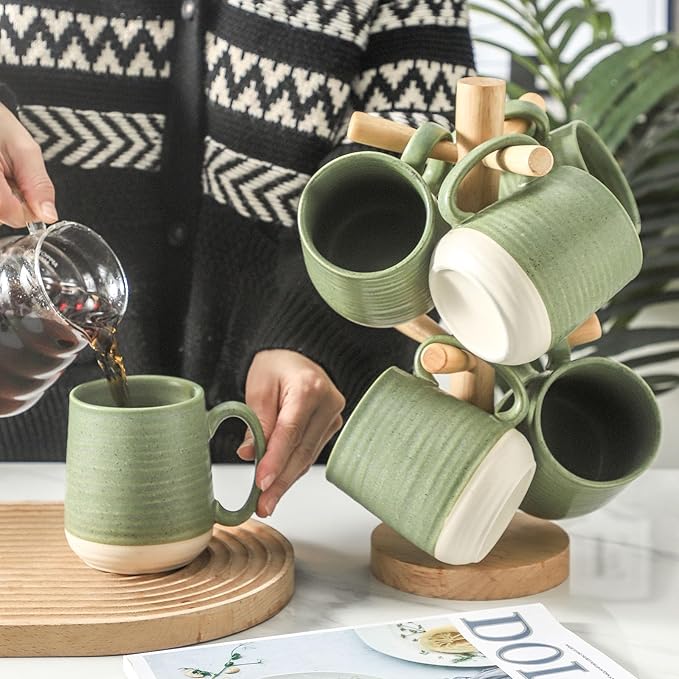 Hasense Porcelain Coffee Mugs Set of 6, 15 Ounce Large Ceramic Coffee Cups Set with Handle for Latte, Tea, Cocoa and Hot Chocolate, Green Coffee Mugs for Men and Women, Microwave Safe-Ruum Studio Home