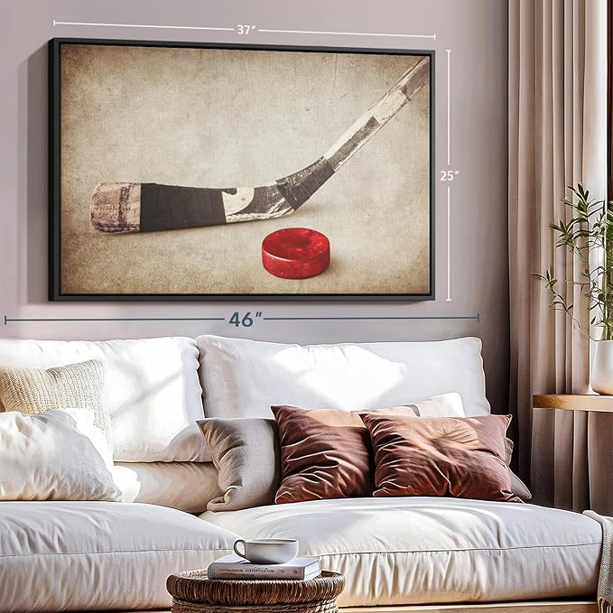 Elephant Stock Vintage Ice Hockey Wall Art - Horizontal Framed Canvas - 1-Piece Hallway Wall Decor - Photography Sports Canvas Print - Brown and Beige Decor for Wall - 37" X 25"-Ruum Studio Home