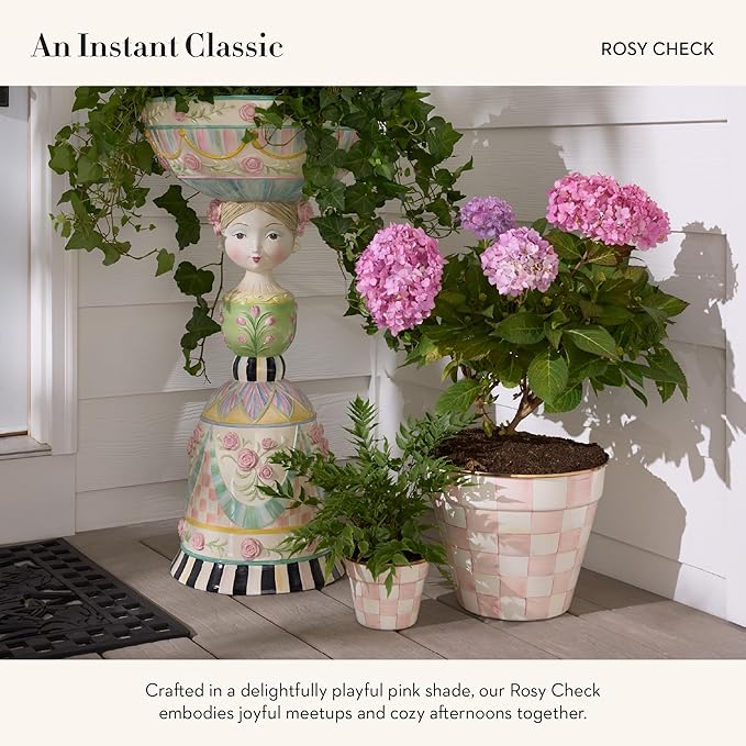 MACKENZIE-CHILDS Enamel Herb Pots, Small Plant Pots for Herbs or Flowers, Set of 3, Pink-and-White Rosy Check-Ruum Studio Home