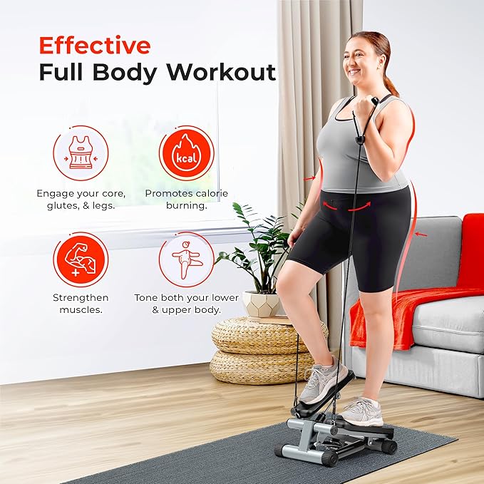 Sunny Health & Fitness Mini Stepper for Exercise at Home, Stair Step Workout Machine with Resistance Band and Over 300lb Weight Capacity, Optional Twist Motion and Free SunnyFit App Connection-Ruum Studio Home