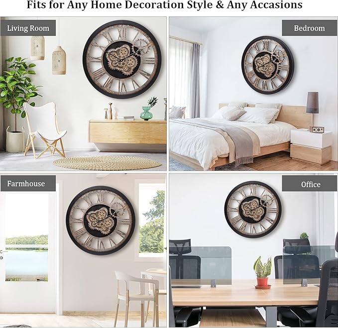 HOIBAI Large Wall Clock, Wall Clocks for Living Room Decor 20 Inch Farmhouse Vintage Rustic Kitchen Wall Decor Vintage Roman Oversized Wall Clock for Home Bedroom House Office, Moving Gears Clock-Ruum Studio Home