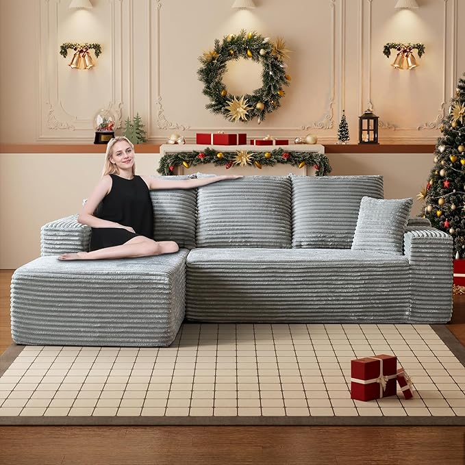 HYJT-H&K Modular Sectional Sofa Cloud Couch, 107" Comfy L Shaped Sectional Couches for Living Room, Deep Seat Memory Foam Plush Fluffy Corduroy Boneless Couch Sectionals Left Facing Sofa Chaise Grey-Ruum Studio Home