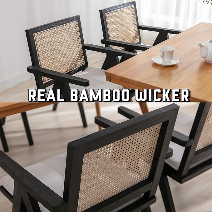 Rattan Dining Chairs Set of 2, Farmhouse Wicker Dining Chairs with Removable Linen Cushion Accent Cane Armchair for Dining Room Kitchen Restaurant, Black-Ruum Studio Home