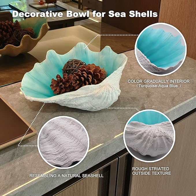 Large Turquoise-Aqua blue Sea Shells Decorative Bowl Resin Clam Shell Bowl Beach Decorations for Home Coastal Beach Decor Decoration Storage Bowls & Home Office Nautical Themed Party Decor -10.2-1PC-Ruum Studio Home