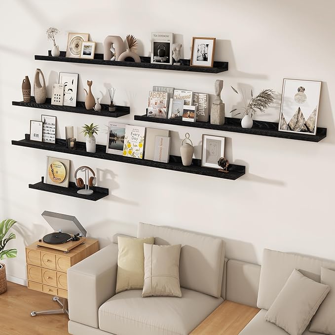 Floating Picture Ledge Shelves 72 Inch Solid Oak Wood Set of 2, Rustic Wall Storage Shelves with Lip, Kids Bookshelf, Photo & Picture Ledge Shelves for Bedroom, Living Room, Kitchen-Ruum Studio Home