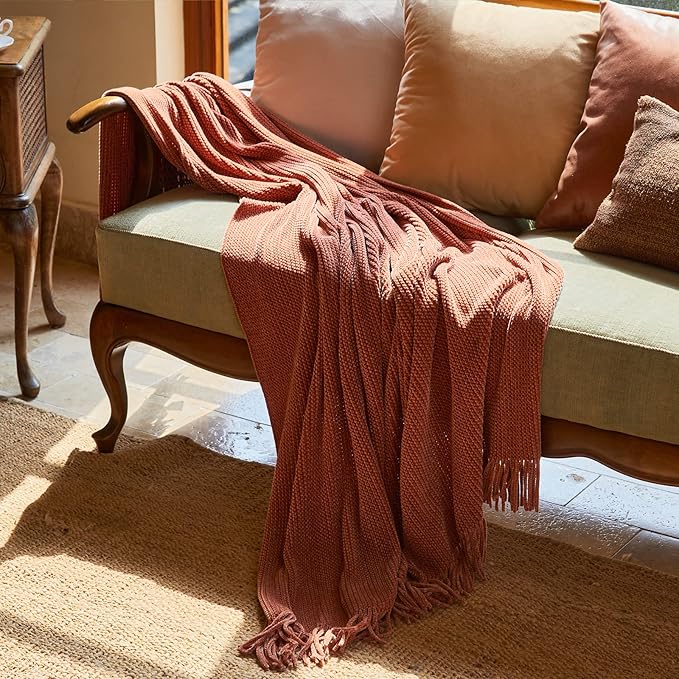 lifein Throw Blanket for Couch, Soft Boho Decor Bed Throw,Cozy Burnt Orange Chenille Knitted Small Farmhouse Lightweight Throw for Spring(Rust,60 * 80")-Ruum Studio Home