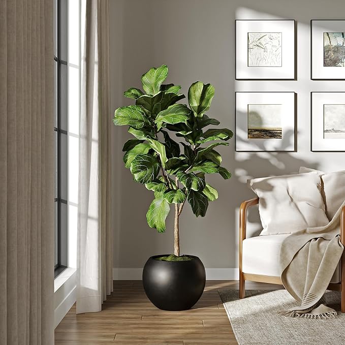 DTY Signature Mount Sherman Lightweight Durable Modern Fiberstone Sphere Planter for Indoor & Outdoor Drainage Hole & Rubber Plug Weather Resistant, 13.5" H x 17" Dia, 12" Opening- Medium, Black-Ruum Studio Home