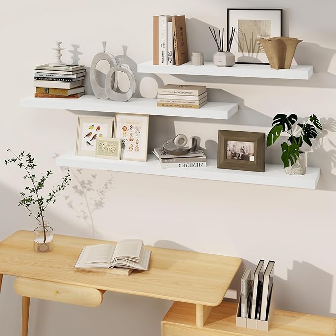 White Floating Shelves 48 Inch Long, 8 Deep Floating Shelves for Wall, Rustic 48" Long Fireplace Mantel, Large 48 x 8 Wall Shelves for Bedroom, Living Room, Bathroom, White Deep Shelves Set of 1-Ruum Studio Home
