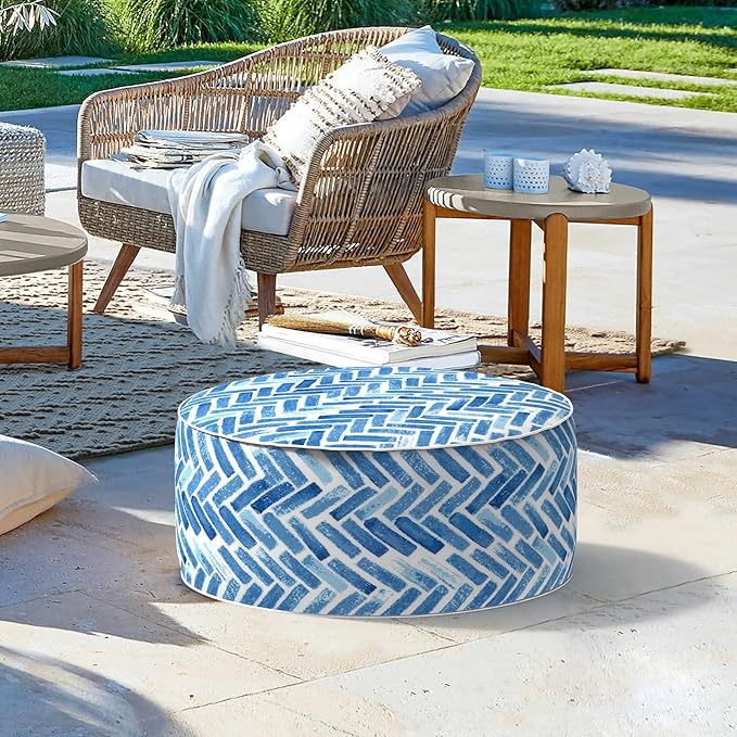 LVTXIII Indoor/Outdoor Inflatable Ottoman, All Weather Round Footrest Stool D21”x H9”, Portable for Patio Garden Camping or Home-Blue Bricks-Ruum Studio Home