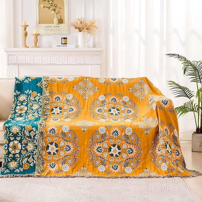 Boho Throw Blanket, 100% Cotton Ultra Soft Luxury Throw Rustic Quilt, Floral Printed Farmhouse Decor Bed Summer Blankets, All Season Rustic Reversible Bohemian Throw for Bed (90"x98" Yellow-Ruum Studio Home
