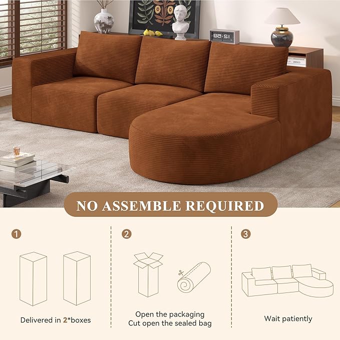 Modular Sectional Sofa with L-Shape Chaise,Cloud Sectional Modern Sleeper Couch with Deep Seat,Sponge Compression Sofas No Assembly Required(Brown-Corduroy Fabric) 1PCS-Ruum Studio Home