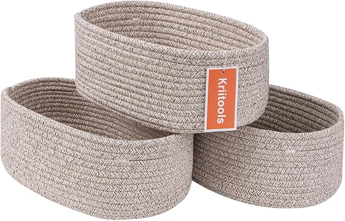 Cute Shelf Basket to Store and Organize Household Items/Baskets&Bins for Daily Storage &Organizing/Woven Rope Basket for Living Room, Playroom/Small Oval-13x8.66x5.11’’,3 Packs Light Brown-Ruum Studio Home