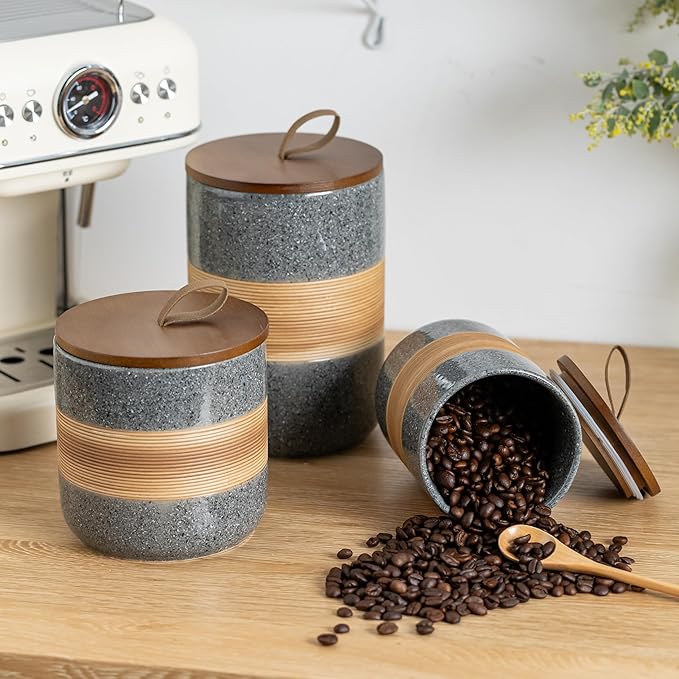 Airtight Coffee Storage Container Jar with Lid, Ceramic Kitchen Food Storage Jars for Spice Sugar Cookie, Coffee Bean Stackable Decorative Jars for Housewarming, Grey & 28oz-Ruum Studio Home