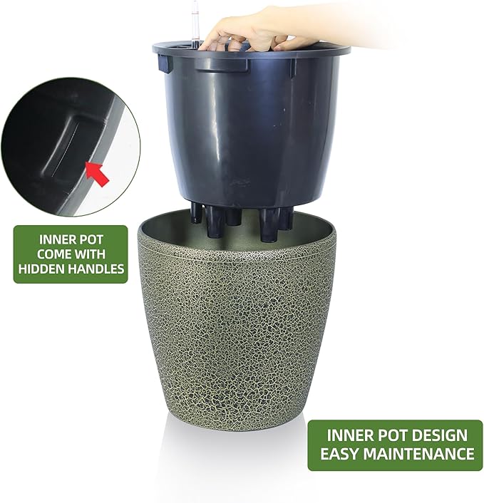 Dexceder 18x17 Self Watering Planter with Wheels Indoor Outdoor, Inner Pot Design, Thickened Large Floor Standing Flower Plant Pot with Water Level Indicator (Black Gold Crackle)-Ruum Studio Home