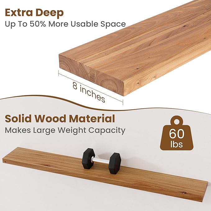 Floating Shelves for Wall Decor, 8" Deep Rustic Solid Elm Wood Floating Shelves Wall Mounted, Wall Shelves with Invisible Bracket for Living Room Bathroom Bedroom Kitchen, 55 Inch Set of 1, Natural-Ruum Studio Home
