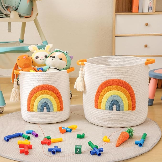 INough Toy Storage Baskets Woven Cotton Rope Storage Basket Kids Blanket Baskets for Living Room, Toys Organizer with Embroidery Colorful Rainbow Decor, Baby Basket for Laundry Nursery (Boho Rainbow)-Ruum Studio Home