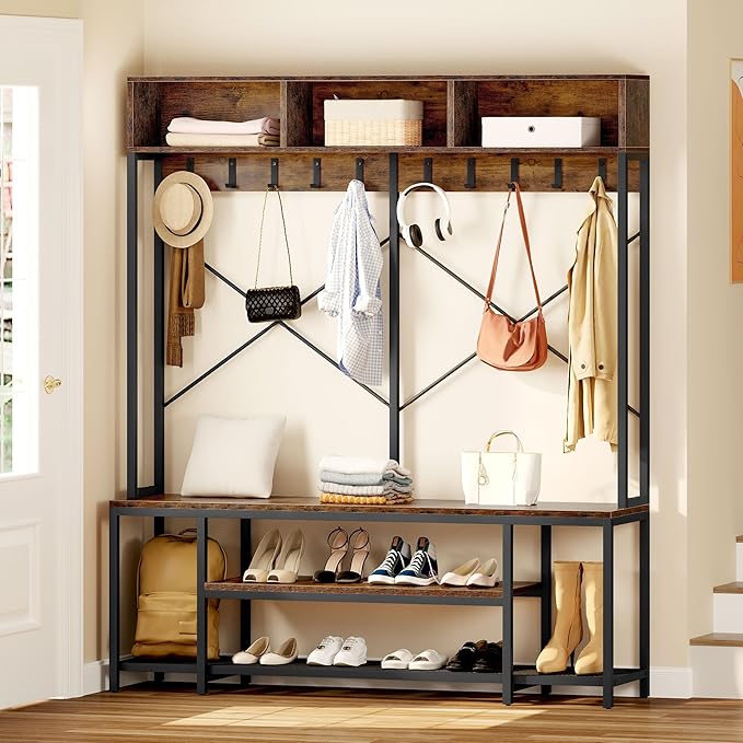 YITAHOME Entryway Bench with Coat Rack, 5-in-1 Hall Tree with Shoes Storage, Industrial Freestanding Coat Rack Shoe Bench with Storage Shelves, 10 Hooks for Hallway, Bedroom, Rustic Brown-Ruum Studio Home
