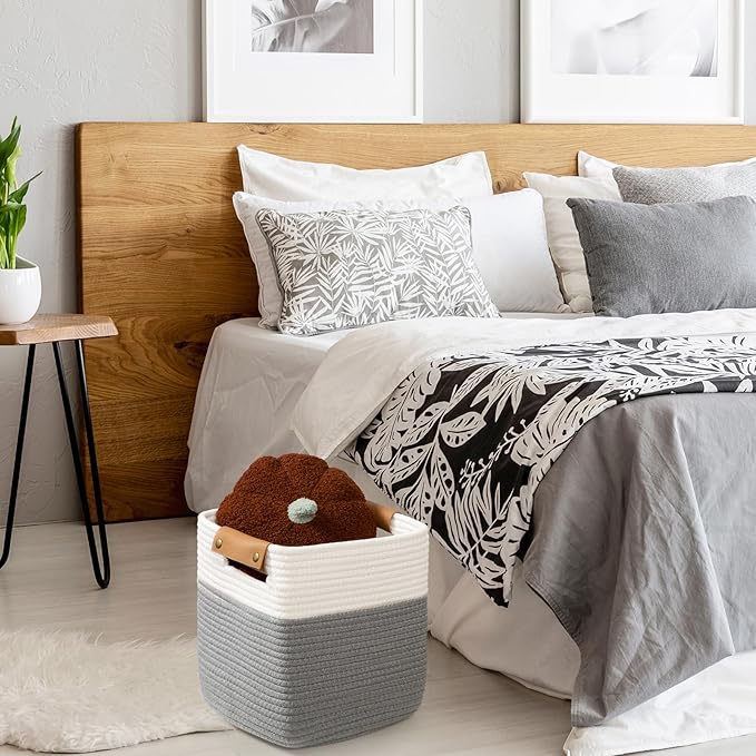 danpinera 3 Pack 11"x11" Woven Basket for Organizing, Square Storage Baskets for Pillows, Towels, Toy, Clothes, Magazines, Decorative Storage Cubes for Bedroom, Living Room, Classroom, Grey-Ruum Studio Home