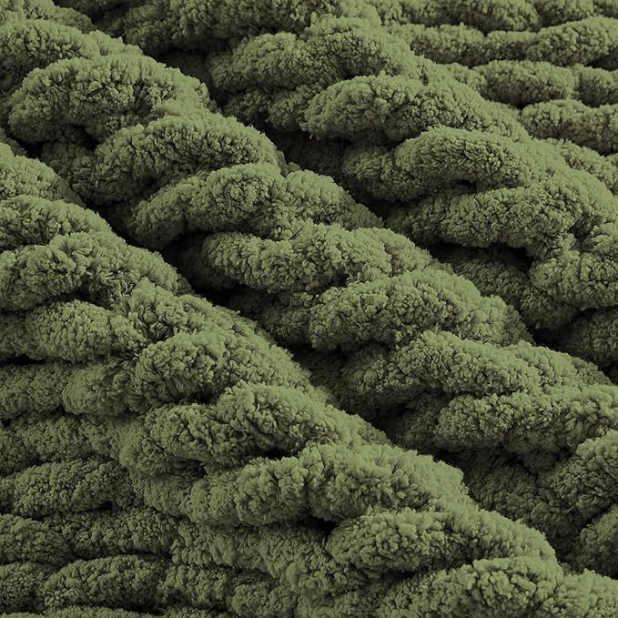 Carriediosa Chunky Knit Throw Blanket 60" X 80" Twin, 100% Hand Made Large Chenille Loop Yarn Soft Fluffy Throws for Couch Sofa Bed, Big Crochet Cozy Heavy Thick Cable Woven Blankets, Olive Green-Ruum Studio Home