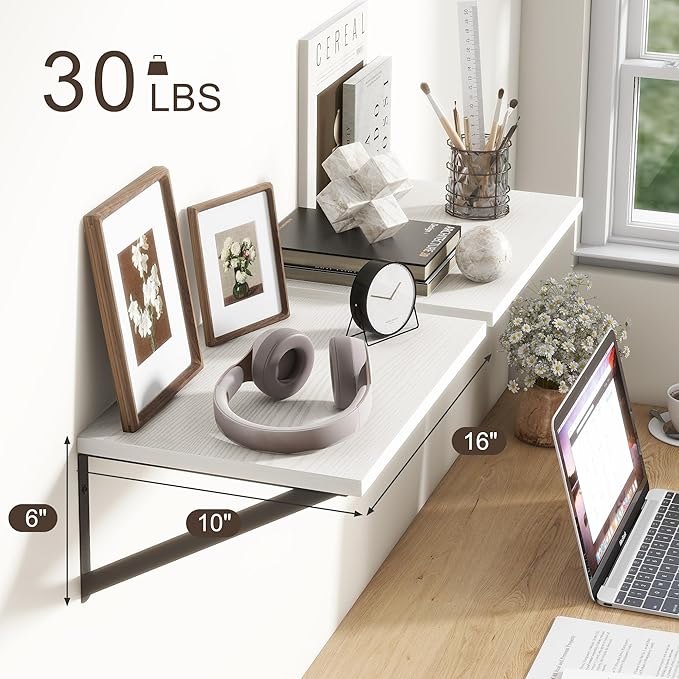 Fun Memories 10 Inch Deep Floating Shelves, White Floating Shelf 16 Inch Long, 16" W x 10" D Wall Shelves Set of 2, Deep Shelves for Books, Wide Floating Shelves for Bahtoom, Living Room, Kitchen-Ruum Studio Home