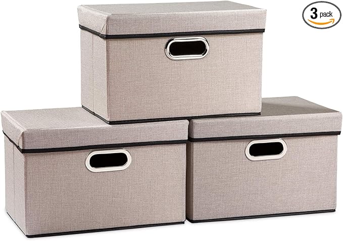 PRANDOM Foldable Storage Bin with Lid [3-Pack] Linen Fabric Decorative Storage Box Organizer Container Basket Cube with Handles Divider for Closet Office Living Room Light Grey(14.9x9.8x9.8)-Ruum Studio Home