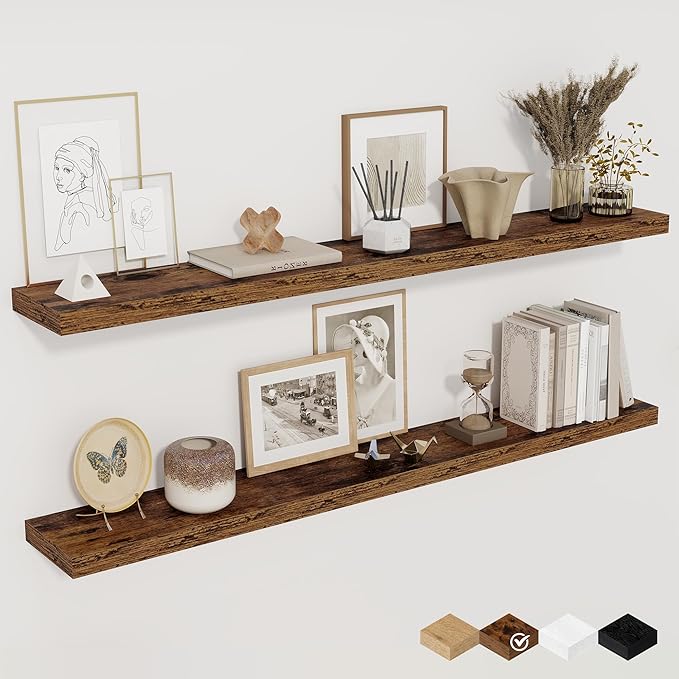 Floating Shelves for Wall, 48 Inch Floating Shelves for Home Decor, Wall Mounted Rustic Wood Shelves, Bathroom, Hanging Deep Shelf for Bedroom, Living Room, Kitchen (Rustic Brown, Set of 2)-Ruum Studio Home