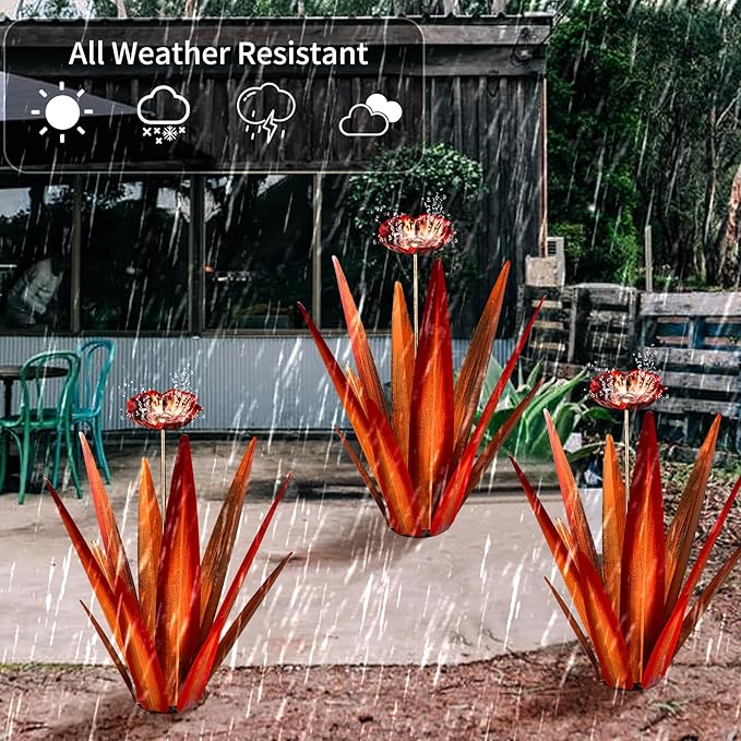 Large Tequila Rustic Sculpture, Rustic Metal Agave Plants for Outdoor Patio Yard, Home Decor Hand Painted Metal Agave Garden Yard Statue, Outdoor Lawn Ornaments (Red - L (W/Bird Feeder))-Ruum Studio Home