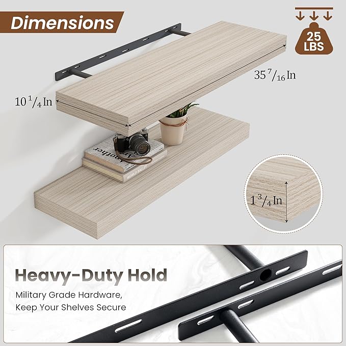 Heimlove 36 Inch Floating Shelves for Wall,10 Inch Deep Grey Wood Shelves with Invisible Brackets,Wall Mounted Storage & Display Shelves for Bedroom,Living Room,Kitchen,Office-Ruum Studio Home