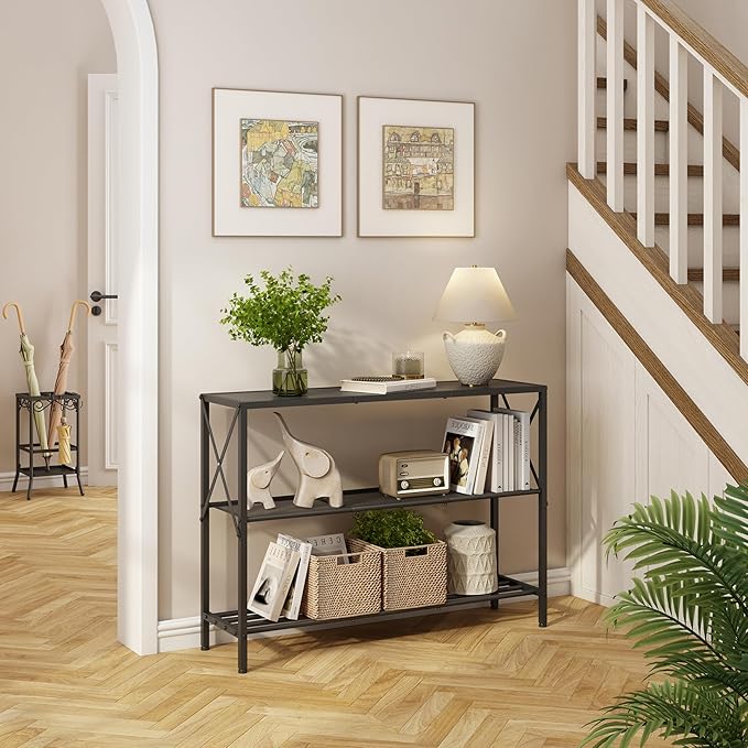 Hoctieon Industrial Console Table, 3 Tier Entryway Table, Hallway Table, Narrow Sofa Table with Shelves, Entrance Table for Entryway, Living Room, Foyer, Hallway, Office, Black-Ruum Studio Home