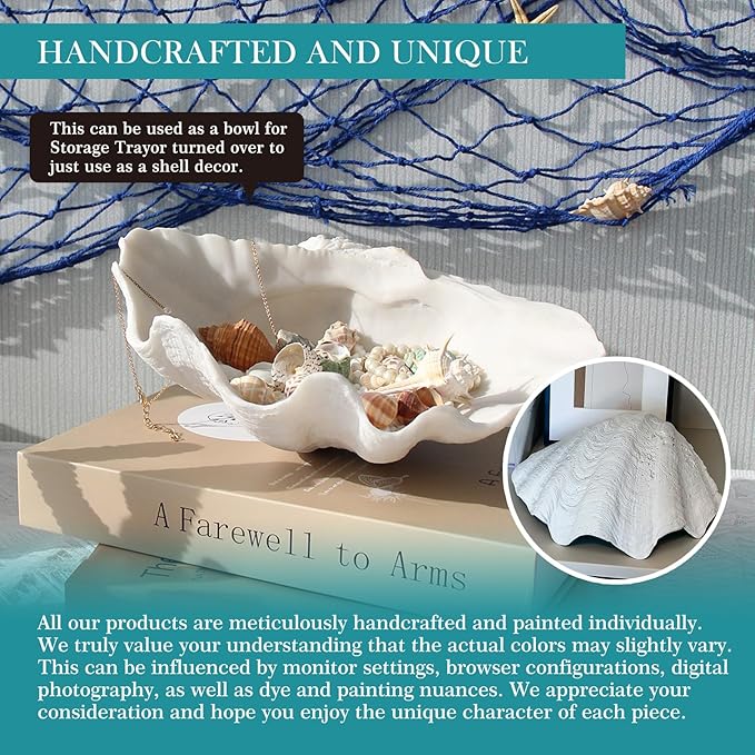 Accessoryway Large White Sea Shells Decorative Bowl Resin Clam Shell Bowl Beach Decorations for Home Coastal Beach Decor Decoration Storage Bowls & Home Office Nautical Themed Party Decor -10.2"-1PC-Ruum Studio Home