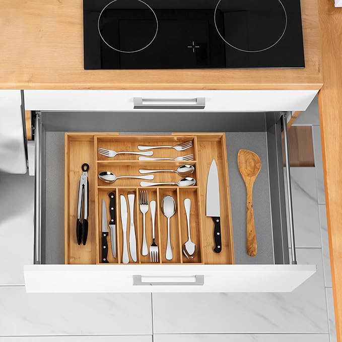 Bamboo Drawer Organizer, 2 Pack - Expandable Silverware Organizer & Utensil Drawer Organizer, Cutlery Tray with Dividers, 7-9 Slots- Premium Kitchen Organizer for Utensils & Flatware (Natural)-Ruum Studio Home