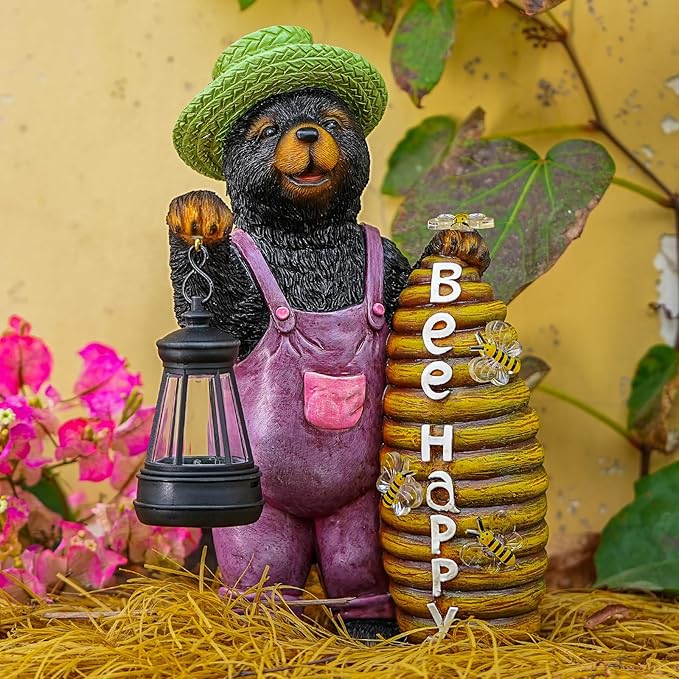Solar Adorable Bear Garden Statue with Beehive and Lantern - “Bee Happy” Resin Outdoor Decoration for Yard, Patio, or Home Decor-Ruum Studio Home
