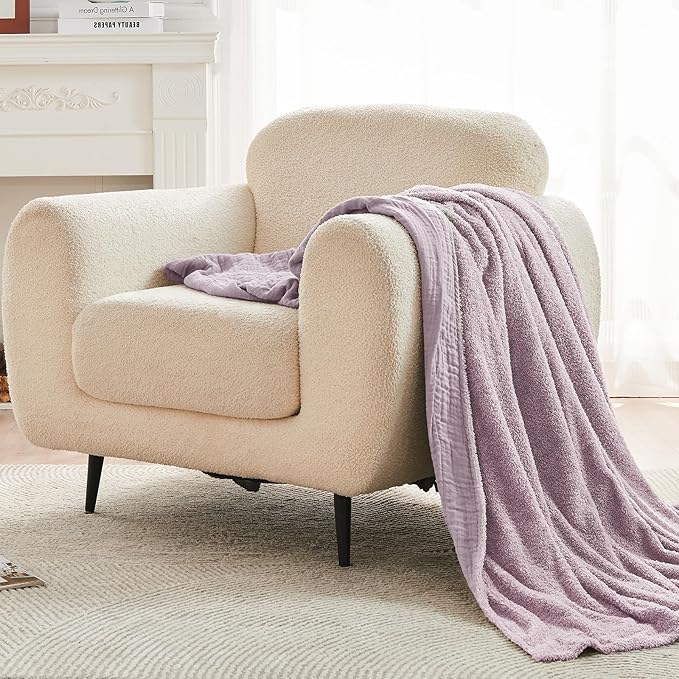 EMME Muslin and Fleece Throw Blanket Reversible - 50"*60" Lavender Soft Warm Throw Blankets for Couch Bed Picnic Travel Bed-Ruum Studio Home