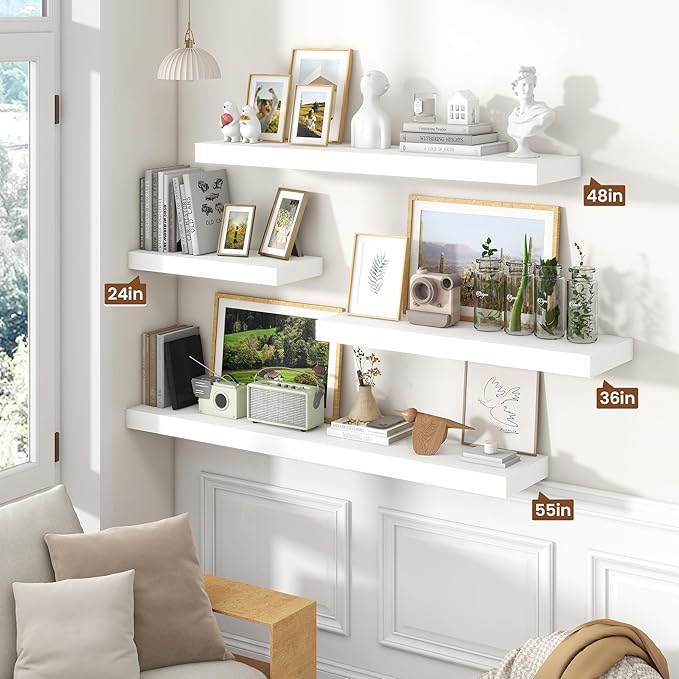 Heimlove 48" White Floating Shelves for Wall,10 Deep Rustic Wood Display & Storage Wall Shelves with Heavy Duty Brackets for Bathroom,Bedroom,Kitchen,Living Room,Office-Ruum Studio Home