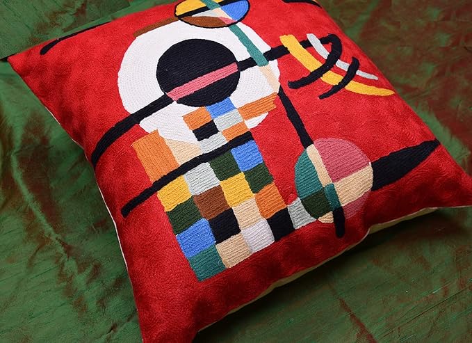 Modern Throw Pillow Cover - Kandinsky Inspired Abstract Pattern - Red - 18" x 18" - Hand Embroidered Wool - Living Room, Office, Bedroom, Outdoor-Ruum Studio Home