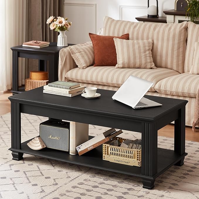 Farmhouse Coffee Tables for Living Room,Square Tea Table with Open Storage Shelf,Large Coffee Table,Rustic Wooden Center Table,Black-Ruum Studio Home