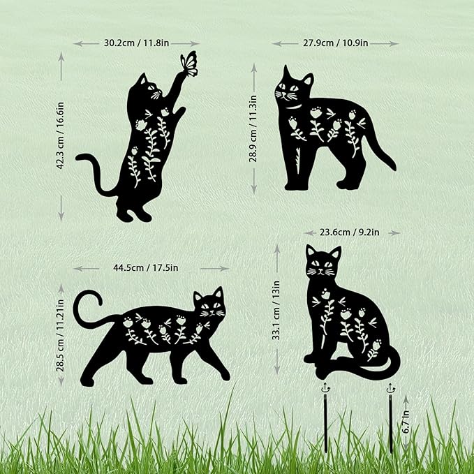 4 Pack Cat Metal Garden Decorative Stakes, Weather Proof Silhouette Statues for Yard, Patio,Outdoor Decor for Cat Lovers and Pet Owners-Ruum Studio Home