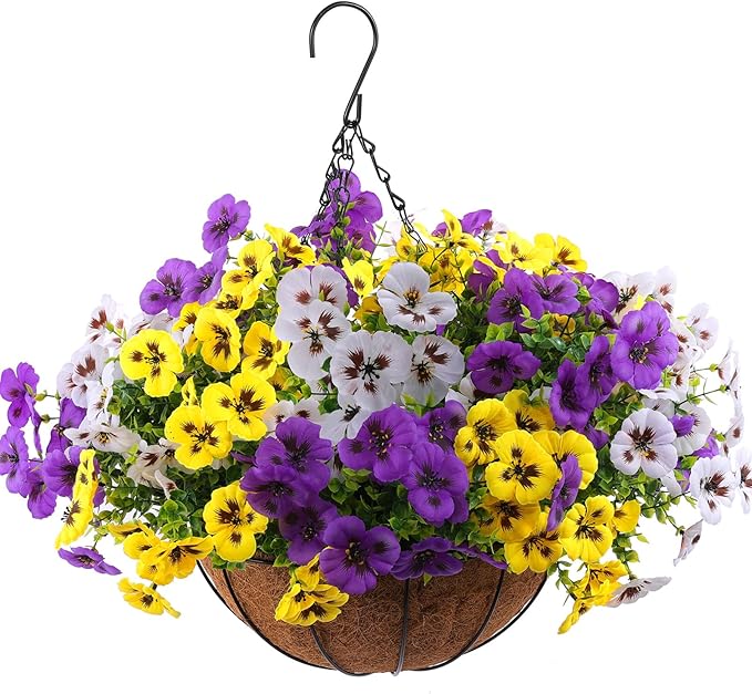 18 Bundles Artificial Fake Pansy Flowers for Outdoor, Faux UV Resistant Silk Pansies Flowers for Outside Planter Front Door Porch Yard Patio Window Box Home Decor (18, Purple, Yellow, White)-Ruum Studio Home