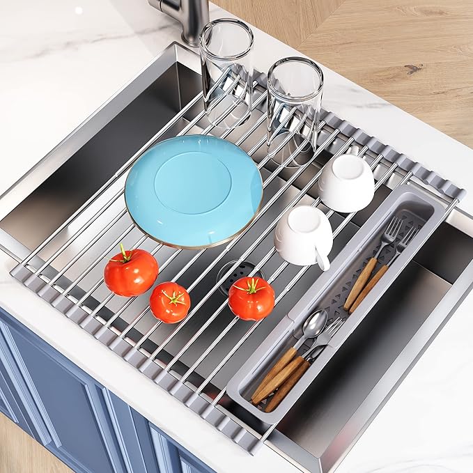 Over The Sink Dish Drying Rack for Kitchen, Expandable (12.8"-23.8" D x 15.5" W) Roll Up Dish Drainer with The Function of Fordable, Rust Proof, Large Sink Cover with Removable Utensil Holder-Ruum Studio Home