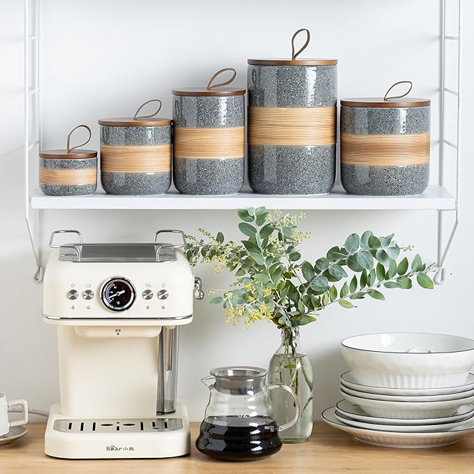 Small Ceramic Jar with Lid, Coffee Container, Coffee Canisters with Airtight Lids Kitchen Food Storage Jars for Spice Sugar Tea Bag, Mini Decorative Jars for Countertop, Grey & 5oz-Ruum Studio Home