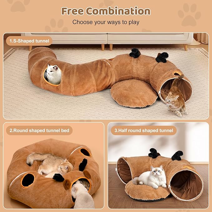 Odoland Reindeer Cat Tunnels Bed with 20 Kitten Toys for Indoor Cats, Plush Cats Couch Tunnel Bed - Kittens Cave Donut Tunnel - Detachable Soft Cat Bed and Variety Kitty Toy Set-Ruum Studio Home
