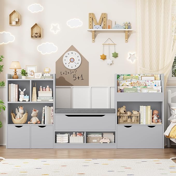 FOTOSOK 72” Kids Bookshelf with Reading Nook, Large Toy Storage Organizer with Seat Cushion and 3 Movable Drawers, Kids Reading Nook Toy Organizers and Storage with Bench for Living Room, Grey-Ruum Studio Home