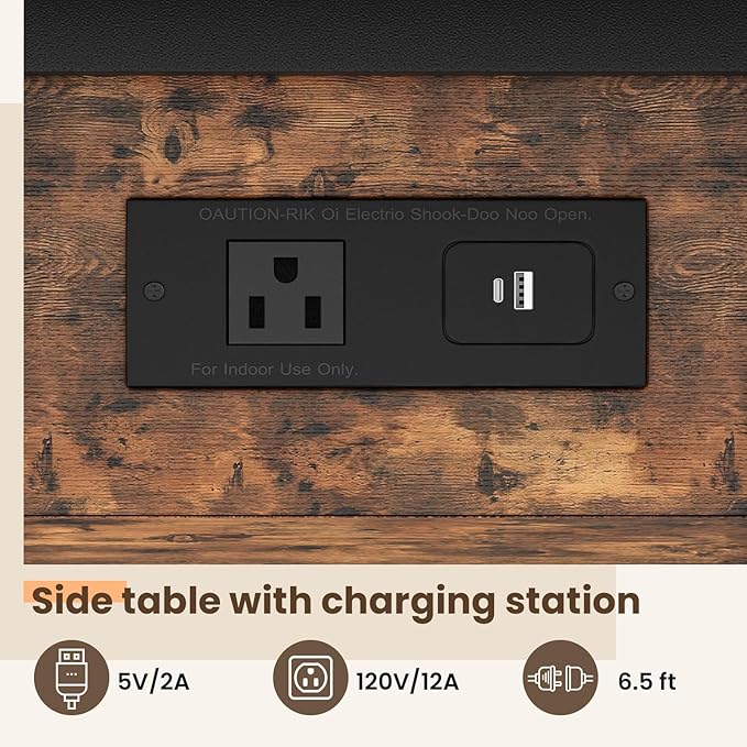 End Table with Charging Station, Flip Top Side Table with USB Ports and Outlets, 3-Tier Small Side Table with Storage for Small Space, End Tables for Living Room/Bedroom, Brown-Ruum Studio Home