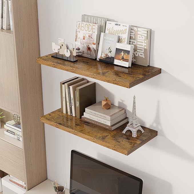 30" Floating Shelves for Wall, 12" Deep Slim Rustic Brown Floating Shelves, Wall-Mounted Shelves for Bedroom, Living Room, Kitchen, Bathroom - Set of 2-Ruum Studio Home